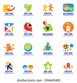 Kids signs, symbols and logo set. Fun children logo design templates for advertising, web, app, mobile, print and more. Isolated. Vector.