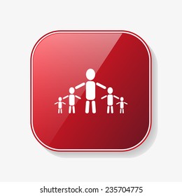 kids silhouette family red glossy button, vector