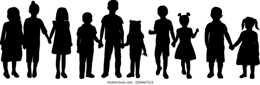 kids silhouette holding hands isolated vector