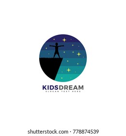 Kids silhouette illustration with night view on circle shape, flat style isolated on white background