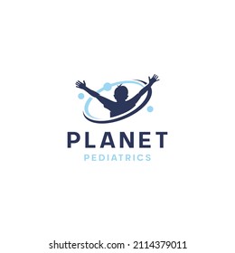 Kids silhouette and planet galaxy logo design premium