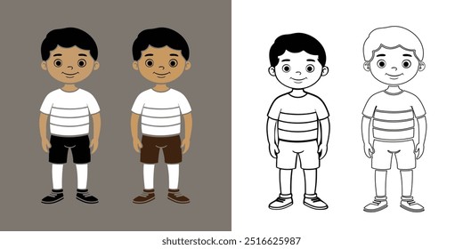 Arte vetorial da silhueta infantil | Coleção de ilustração de menino de escola infantil preto e branco 4 em 1