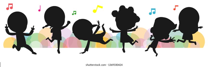 kids silhouettes dancing, Child dancing break dance. children silhouettes jumping on background colorful isolated vector illustration