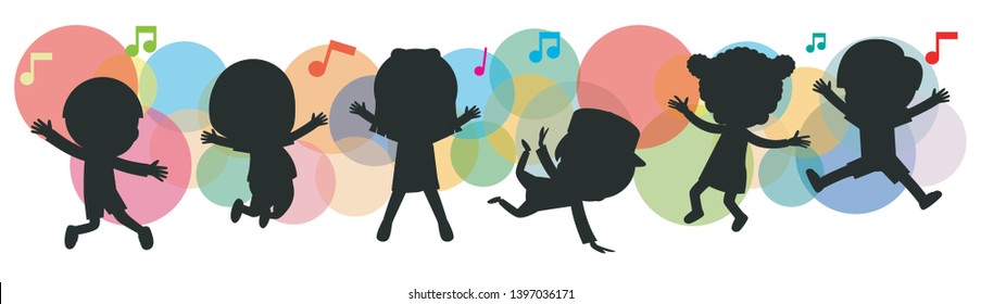 kids silhouettes dancing, Child dancing break dance. children silhouettes jumping on background colorful isolated vector illustration