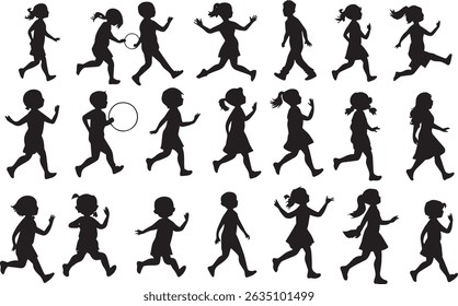 Kids Silhouettes in Playful Poses Black and White Minimalist Illustration for Childhood and Activity Designs