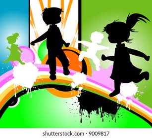 kids silhouettes running and jumping