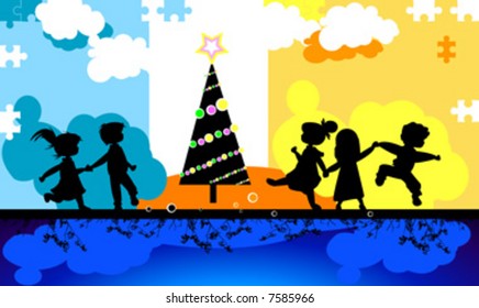 kids silhouettes running and jumping against an abstract background
