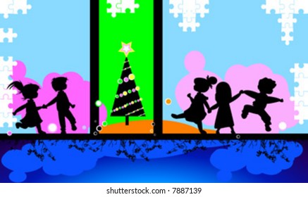 kids silhouettes running and jumping against an abstract background