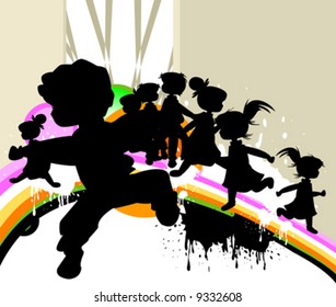 kids silhouettes running and jumping - vector