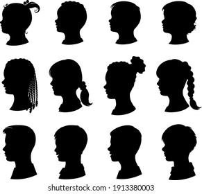 Kids silhouettes set. Collection of vector silhouettes of boys and girls. Young children and teenagers with a variety of hairstyles.  Isolated black silhouette. Vector illustration