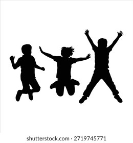 Kinder Silhouetten Vektorgrafik schwarz-weiß. Kinder sitzen in verschiedenen Posen von der Seite.