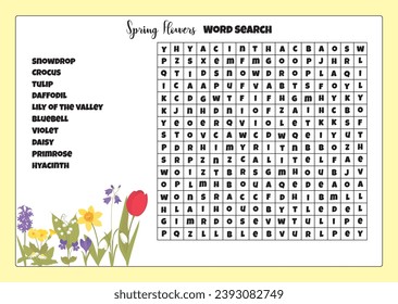 Kids simple game word search with spring flower terms vector illustration printable template