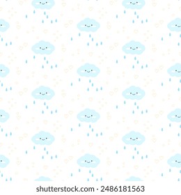 Kinder einfache Hand gezeichnete flache Stil nahtlose Muster. Nette Elemente von Wolken mit Regentropfen, Schneegewitter auf weißem Hintergrund. In: Nursery Vektorillustration.