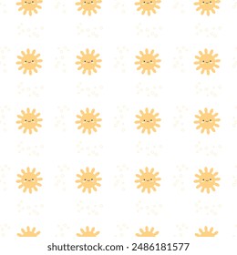 Kids simple hand drawn flat style seamless pattern. Cute elements of sun and doodle elements  on a white background. Nursery vector illustration.