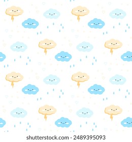 Kids simple hand drawn flat style seamless pattern. Cute elements of clouds with rain drops, thunderstorm  on a white background. Nursery vector illustration in delicate palette.