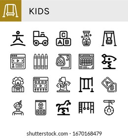 kids simple icons set. Contains such icons as Swing, Trampoline, Toy train, Abc block, Pottery, Carousel, Crayons, Crayon, Spring swing rocket, can be used for web, mobile and logo