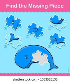 Kids simple little green cartoon Whale Find The Missing Piece educational puzzle swimming underwater with one missing piece and five variations to choose from to solve the riddle, vector illustration