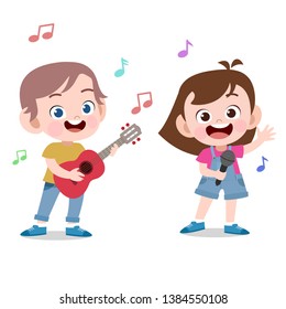 kids sing play guitar vector illustration