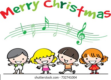 kids sing song with Merry Christmas card