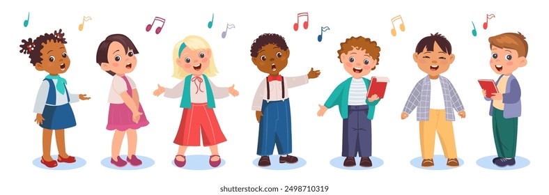 Niños cantantes en el coro. Lindos niños cantan canciones. Concierto de pequeños artistas. Coristas y vocalistas divertidos. Niños y niñas con hojas de notas musicales. Actuación musical