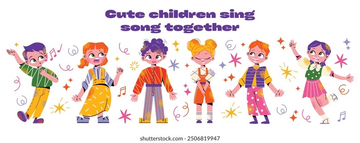 Kids singers in choir set. Cute children sing song together. Diverse vocal talented students group. Child church chorus with music performance. Flat isolated 