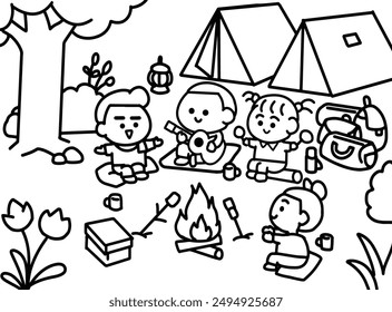 Kids singing around camping bonfire.