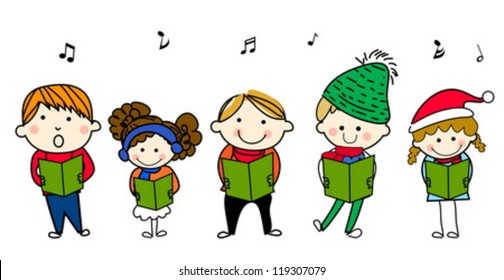 Kids singing Christmas Carol. Vector cartoon