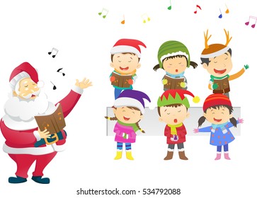 kids singing Christmas carols with santa