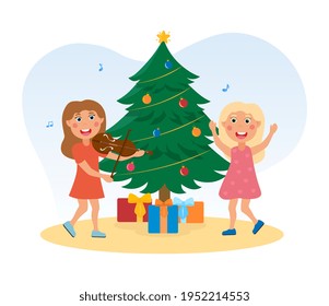 Kids are singing christmas song and leading a round dance. Holiday anticipation concept. Flat cartoon vector illustration concept design banner. Simple art isolated on white background