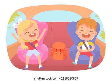 Kids sit in backseat vector illustration. Cartoon happy boy and girl playing fun game, small passengers wearing seat belts in transport. Safe travel, protection of children during trip concept