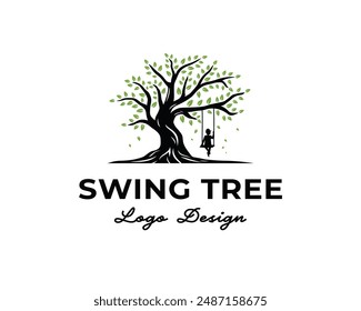 Kids sit down playing swing oak tree playground spring fall leaf logo design template illustration inspiration