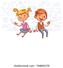 Kids sit on a fence and waving hands. Happy children sit on a big blank poster. Template for advertising brochure. Ready for your message. Space for text. Funny cartoon character. Vector illustration