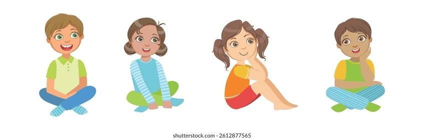 Kids Sit on Floor and Listen to Fairytale Vector Set