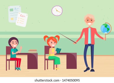 Kids sitting by desk listening to teacher vector, man holding globe showing continents and oceans. School education elementary learning subjects lesson. Back to school concept. Flat cartoon