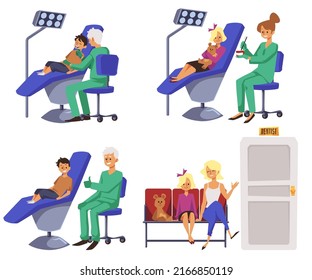 Kids sitting in dentists chair, cheerful doctor checking up and treating, flat vector illustration isolated on white. Set of happy children in dental clinic. Patient and doctor in office.