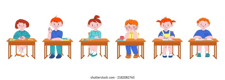 Kids Sitting At Desk. Study Student, Isolated Lesson School Characters. Classroom Children, Cute Cartoon Pupils. Small Kicky Boy Girl At College Vector Set