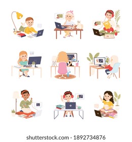 Kids Sitting at Desk and Studying Online Using Computers Set, Homeschooling, Distance Learning Concept Cartoon Style Vector Illustration