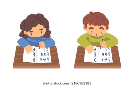 Kids Sitting at Desk and Writing Letters in Notebook Studying Alphabet Vector Set