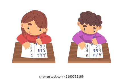 Kids Sitting at Desk and Writing Letters in Notebook Studying Alphabet Vector Set