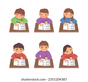 Kids Sitting at Desk and Writing Letters in Notebook Studying Alphabet Vector Set