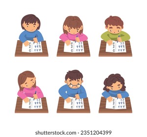 Kids Sitting at Desk and Writing Letters in Notebook Studying Alphabet Vector Set