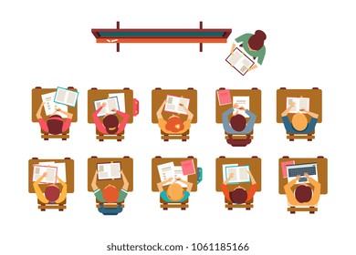 Kids sitting at desks in classroom, teacher standing at blackboard and giving lesson top view vector illustration
