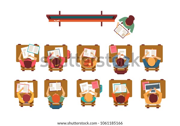 Kids Sitting Desks Classroom Teacher Standing Stock Vector