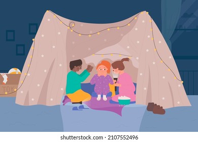 Kids sitting in home teepee together at night vector illustration. Cartoon cute girls listening magic horror story of boy storyteller, children hiding in homemade tent. Imagination, childhood concept