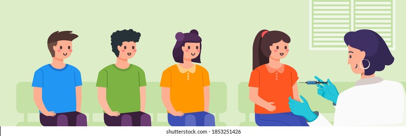 Kids Sitting in Line waiting for Vaccine Injection by Female Doctor in Clinic, Hospital or Public Medical Service. Children Vaccination for Herd Immunity. Flat Design. Healthcare & Illness Prevention.