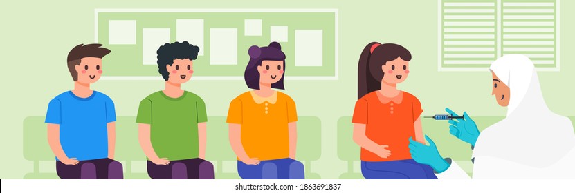 Kids Sitting in Line waiting for Vaccine Injection by Muslim or Arab Female Doctor in Clinic, Hospital or Public Medical Service. Children Vaccination or Immunization. Healthcare Flat Cartoon Design