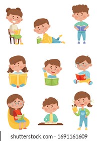 Kids in Sitting and Lying Pose Reading Book Vector Illustrations Set