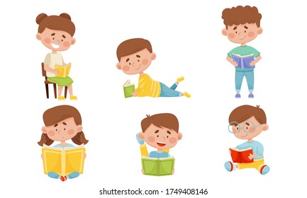Kids in Sitting and Lying Pose Reading Book Vector Illustrations Set