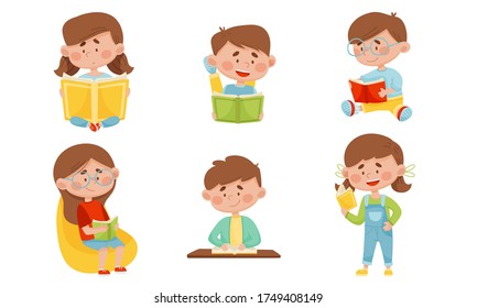 Kids in Sitting and Lying Pose Reading Book Vector Illustrations Set