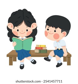 Kids sitting on a bench reading books